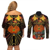 Papua New Guinea Western Province Couples Matching Off Shoulder Short Dress and Long Sleeve Button Shirts Papua Niugini Coat Of Arms With Flag Style LT14 - Polynesian Pride
