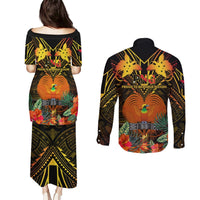 Papua New Guinea Western Province Couples Matching Puletasi Dress and Long Sleeve Button Shirts Papua Niugini Coat Of Arms With Flag Style LT14 - Polynesian Pride