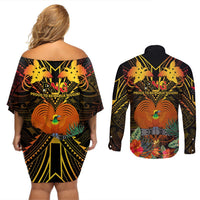 Papua New Guinea Southern Highlands Province Couples Matching Off Shoulder Short Dress and Long Sleeve Button Shirts Papua Niugini Coat Of Arms With Flag Style LT14 - Polynesian Pride