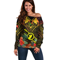 Papua New Guinea Southern Highlands Province Off Shoulder Sweater Papua Niugini Coat Of Arms With Flag Style LT14 Women Black - Polynesian Pride
