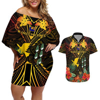 Papua New Guinea Manus Province Couples Matching Off Shoulder Short Dress and Hawaiian Shirt Papua Niugini Coat Of Arms With Flag Style LT14 Black - Polynesian Pride