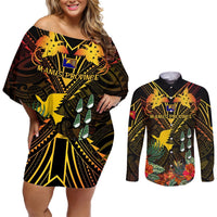 Papua New Guinea Manus Province Couples Matching Off Shoulder Short Dress and Long Sleeve Button Shirts Papua Niugini Coat Of Arms With Flag Style LT14 Black - Polynesian Pride