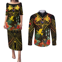 Papua New Guinea Manus Province Couples Matching Puletasi Dress and Long Sleeve Button Shirts Papua Niugini Coat Of Arms With Flag Style LT14 Black - Polynesian Pride