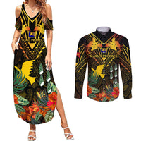 Papua New Guinea Manus Province Couples Matching Summer Maxi Dress and Long Sleeve Button Shirts Papua Niugini Coat Of Arms With Flag Style LT14 Black - Polynesian Pride