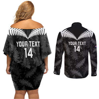 Custom New Zealand Silver Fern Football Couples Matching Off Shoulder Short Dress and Long Sleeve Button Shirt Go Aotearoa Grunge Black - Polynesian Pride