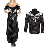 Custom New Zealand Silver Fern Football Couples Matching Summer Maxi Dress and Long Sleeve Button Shirt Go Aotearoa Grunge Black - Polynesian Pride