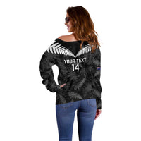 Custom New Zealand Silver Fern Football Off Shoulder Sweater Go Aotearoa Grunge Black - Polynesian Pride