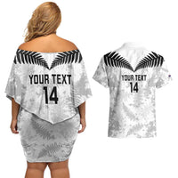 Custom New Zealand Silver Fern Football Couples Matching Off Shoulder Short Dress and Hawaiian Shirt Go Aotearoa Grunge White - Polynesian Pride