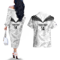 Custom New Zealand Silver Fern Football Couples Matching Off The Shoulder Long Sleeve Dress and Hawaiian Shirt Go Aotearoa Grunge White - Polynesian Pride