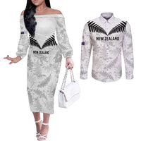Custom New Zealand Silver Fern Football Couples Matching Off The Shoulder Long Sleeve Dress and Long Sleeve Button Shirt Go Aotearoa Grunge White - Polynesian Pride
