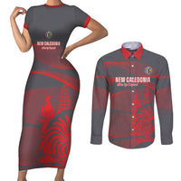 Custom New Caledonia Football Couples Matching Short Sleeve Bodycon Dress and Long Sleeve Button Shirt Allez Les Cagous Grey Version - Polynesian Pride