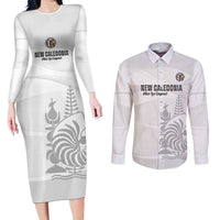 Custom New Caledonia Football Couples Matching Long Sleeve Bodycon Dress and Long Sleeve Button Shirt Allez Les Cagous White Version - Polynesian Pride