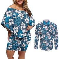 Karakarawa Bula Fiji Couples Matching Off Shoulder Short Dress and Long Sleeve Button Shirt Fijian Tapa Seamless Hibiscus LT14 Blue - Polynesian Pride