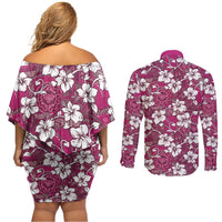 Piqi Bula Fiji Couples Matching Off Shoulder Short Dress and Long Sleeve Button Shirt Fijian Tapa Seamless Hibiscus LT14 - Polynesian Pride