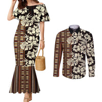 Bula Fiji Masi Couples Matching Mermaid Dress and Long Sleeve Button Shirt Tapa Tropical Hibiscus Half Stylized - Polynesian Pride