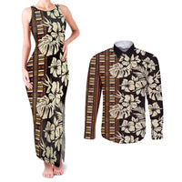 Bula Fiji Masi Couples Matching Tank Maxi Dress and Long Sleeve Button Shirt Tapa Tropical Hibiscus Half Stylized LT14 Brown - Polynesian Pride