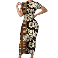 Bula Fiji Masi Family Matching Short Sleeve Bodycon Dress and Hawaiian Shirt Tapa Tropical Hibiscus Half Stylized LT14 Mom's Dress Brown - Polynesian Pride