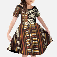 Bula Fiji Masi Family Matching Tank Maxi Dress and Hawaiian Shirt Tapa Tropical Hibiscus Half Stylized LT14 Daughter's Dress Brown - Polynesian Pride
