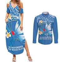 Polynesia Diabetes Awareness Month Couples Matching Summer Maxi Dress and Long Sleeve Button Shirt In November We Wear Blue
