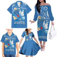 Polynesia Diabetes Awareness Month Family Matching Off The Shoulder Long Sleeve Dress and Hawaiian Shirt In November We Wear Blue