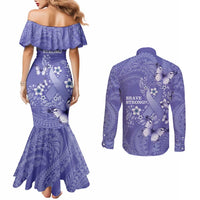 Polynesia Stomach Cancer Awareness Couples Matching Mermaid Dress and Long Sleeve Button Shirt Periwinkle Ribbon Brave Strong!