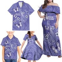 Polynesia Stomach Cancer Awareness Family Matching Off Shoulder Maxi Dress and Hawaiian Shirt Periwinkle Ribbon Brave Strong!