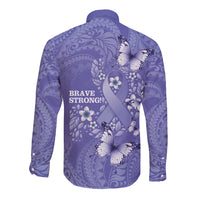 Polynesia Stomach Cancer Awareness Long Sleeve Button Shirt Periwinkle Ribbon Brave Strong!
