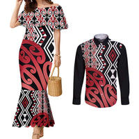 New Zealand Couples Matching Mermaid Dress and Long Sleeve Button Shirt Aotearoa Kowhaiwhai Mix Taniko Art - Red