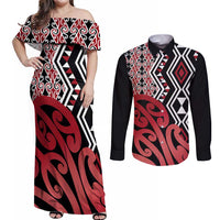 New Zealand Couples Matching Off Shoulder Maxi Dress and Long Sleeve Button Shirt Aotearoa Kowhaiwhai Mix Taniko Art - Red