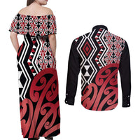 New Zealand Couples Matching Off Shoulder Maxi Dress and Long Sleeve Button Shirt Aotearoa Kowhaiwhai Mix Taniko Art - Red