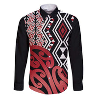 New Zealand Family Matching Summer Maxi Dress and Hawaiian Shirt Aotearoa Kowhaiwhai Mix Taniko Art - Red LT14 Dad's Shirt - Long Sleeve Red - Polynesian Pride