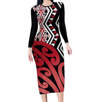 New Zealand Long Sleeve Bodycon Dress Aotearoa Kowhaiwhai Mix Taniko Art - Red LT14 Long Dress Red - Polynesian Pride