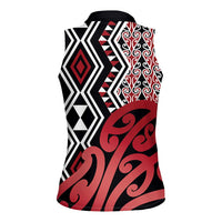 New Zealand Women Sleeveless Polo Shirt Aotearoa Kowhaiwhai Mix Taniko Art - Red LT14 - Polynesian Pride