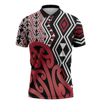 New Zealand Zipper Polo Shirt Aotearoa Kowhaiwhai Mix Taniko Art - Red - Polynesian Pride
