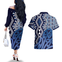 New Zealand Couples Matching Off The Shoulder Long Sleeve Dress and Hawaiian Shirt Aotearoa Kowhaiwhai Mix Taniko Art - Blue