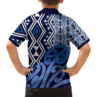 New Zealand Family Matching Off Shoulder Maxi Dress and Hawaiian Shirt Aotearoa Kowhaiwhai Mix Taniko Art - Blue LT14 - Polynesian Pride