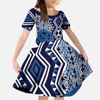 New Zealand Family Matching Off Shoulder Maxi Dress and Hawaiian Shirt Aotearoa Kowhaiwhai Mix Taniko Art - Blue LT14 Daughter's Dress Blue - Polynesian Pride