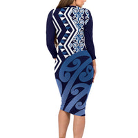 New Zealand Long Sleeve Bodycon Dress Aotearoa Kowhaiwhai Mix Taniko Art - Blue LT14 - Polynesian Pride