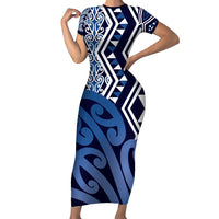 New Zealand Short Sleeve Bodycon Dress Aotearoa Kowhaiwhai Mix Taniko Art - Blue LT14 Long Dress Blue - Polynesian Pride