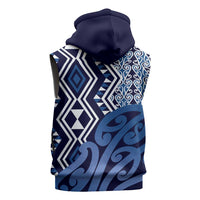 New Zealand Sleeveless Zip Hoodie Aotearoa Kowhaiwhai Mix Taniko Art - Blue LT14 - Polynesian Pride