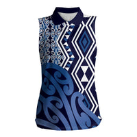 New Zealand Women Sleeveless Polo Shirt Aotearoa Kowhaiwhai Mix Taniko Art - Blue LT14 Female Blue - Polynesian Pride