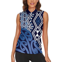 New Zealand Women Sleeveless Polo Shirt Aotearoa Kowhaiwhai Mix Taniko Art - Blue LT14 - Polynesian Pride