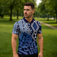 New Zealand Zipper Polo Shirt Aotearoa Kowhaiwhai Mix Taniko Art - Blue - Polynesian Pride