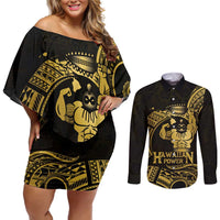 Gold Hawaii Ikaika Warrior Couples Matching Off Shoulder Short Dress and Long Sleeve Button Shirt Hawaiian Power