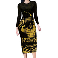 Gold Hawaii Ikaika Warrior Family Matching Long Sleeve Bodycon Dress and Hawaiian Shirt Hawaiian Power