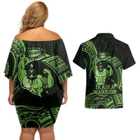 Green Hawaii Ikaika Warrior Couples Matching Off Shoulder Short Dress and Hawaiian Shirt Hawaiian Power