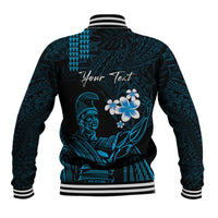 Personalised Hawaii King Kamehameha Day Baseball Jacket Plumeria With Kakau Pattern - Blue