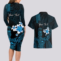 Personalised Hawaii King Kamehameha Day Couples Matching Long Sleeve Bodycon Dress and Hawaiian Shirt Plumeria With Kakau Pattern - Blue LT14 - Polynesian Pride