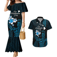 Personalised Hawaii King Kamehameha Day Couples Matching Mermaid Dress and Hawaiian Shirt Plumeria With Kakau Pattern - Blue LT14 Blue - Polynesian Pride