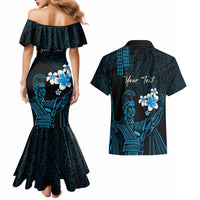 Personalised Hawaii King Kamehameha Day Couples Matching Mermaid Dress and Hawaiian Shirt Plumeria With Kakau Pattern - Blue LT14 - Polynesian Pride